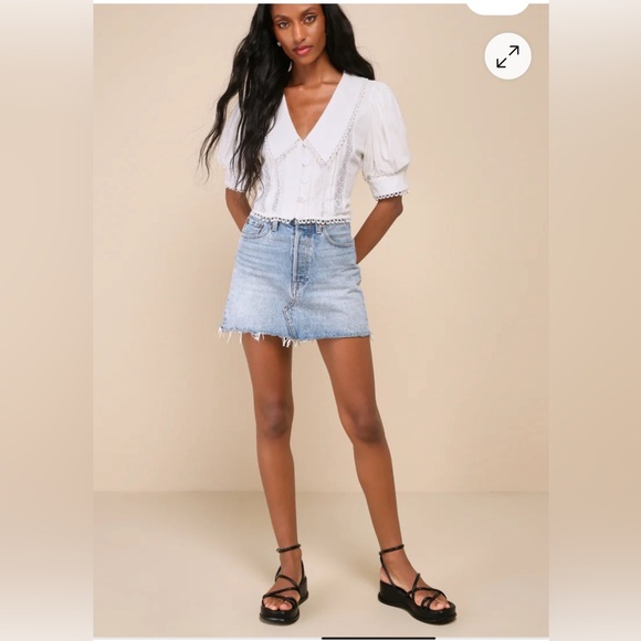 Lulus Uncommon Charm Ivory Lace Button-Up Big Collar Puff Sleeve Top M Boho NWT - Picture 3 of 12